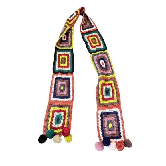 Mossimo Multicolor Boho Scarf Crochet Patchwork Pom Pom Trim Knit Women’s Winter - Picture 1 of 3